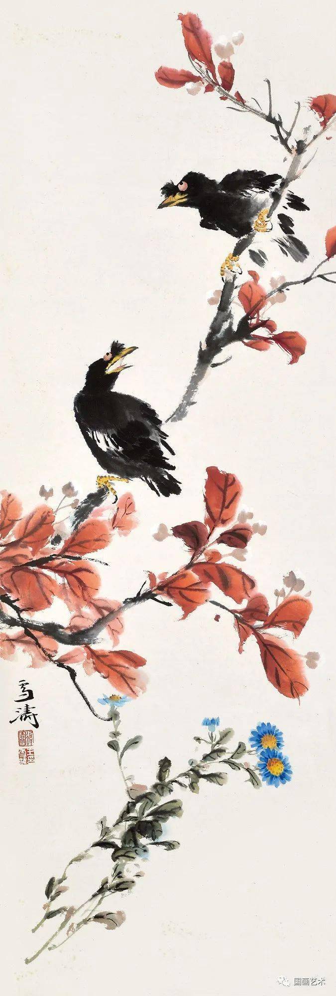 画里秋色名家笔下的红叶小鸟