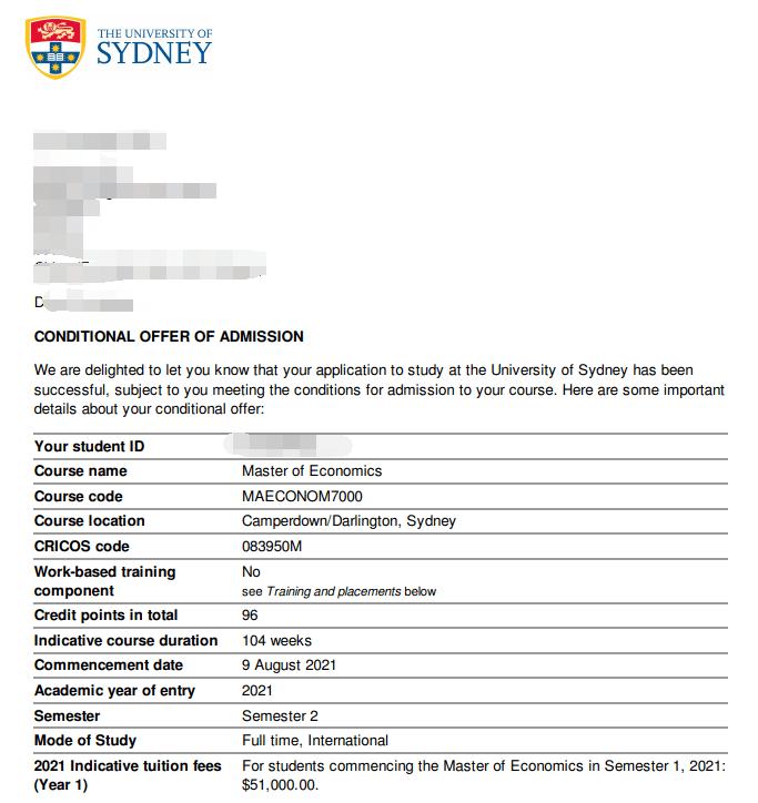 【案例分享】悉尼大学经济学专业offer一枚