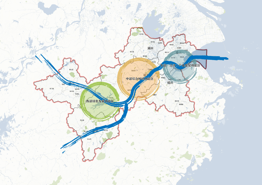 杭州都市圈的 空間格局是 一脈三區,一主五副,一環六帶,網絡佈局