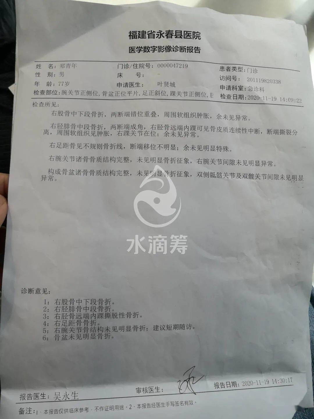 永春一男子发贴求助:父亲不幸发生车祸,全身多处骨折,恳请爱心人士
