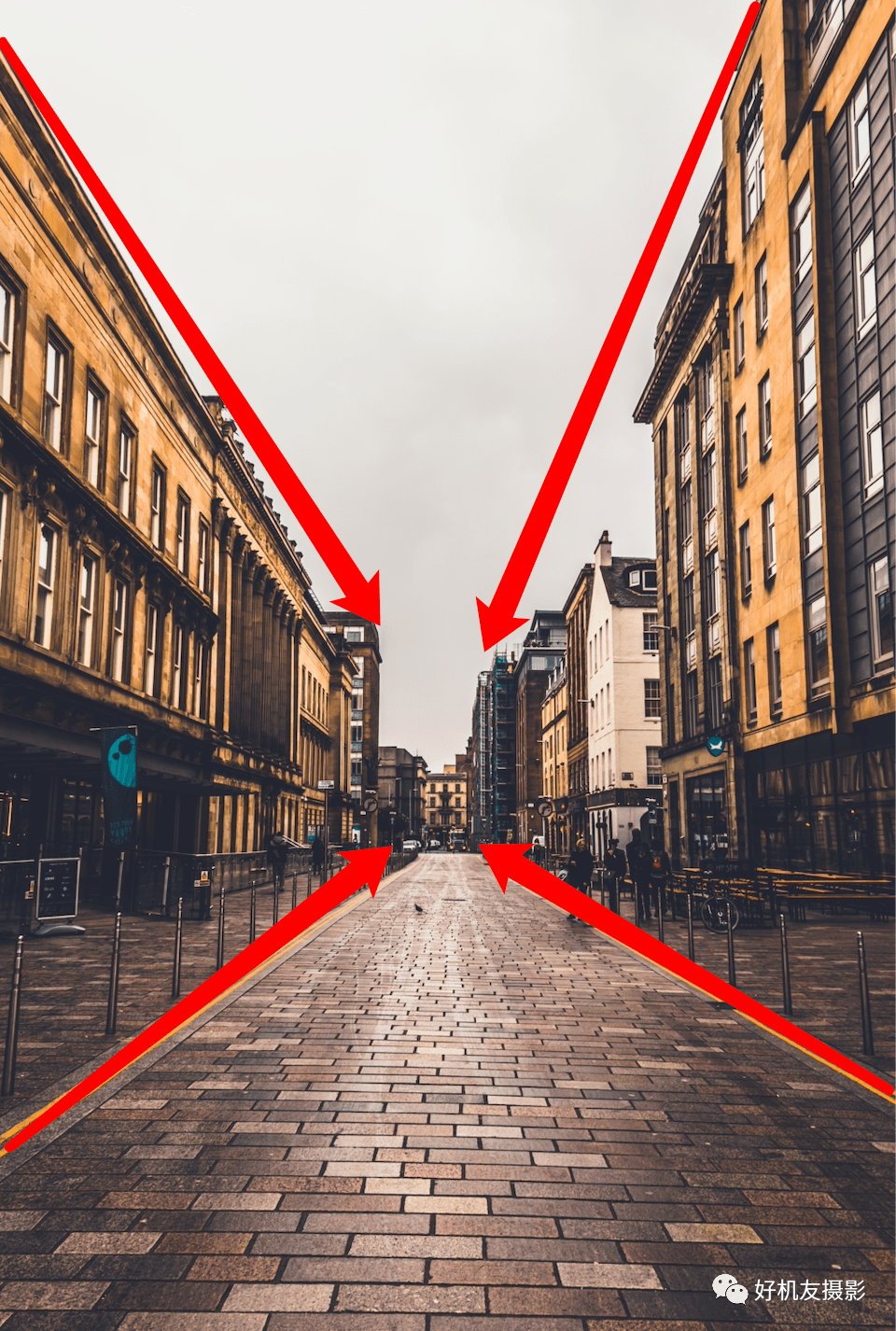 如果在城市街头拍摄,路边的建筑同样会形成透视牵引线,从而拍出空间感