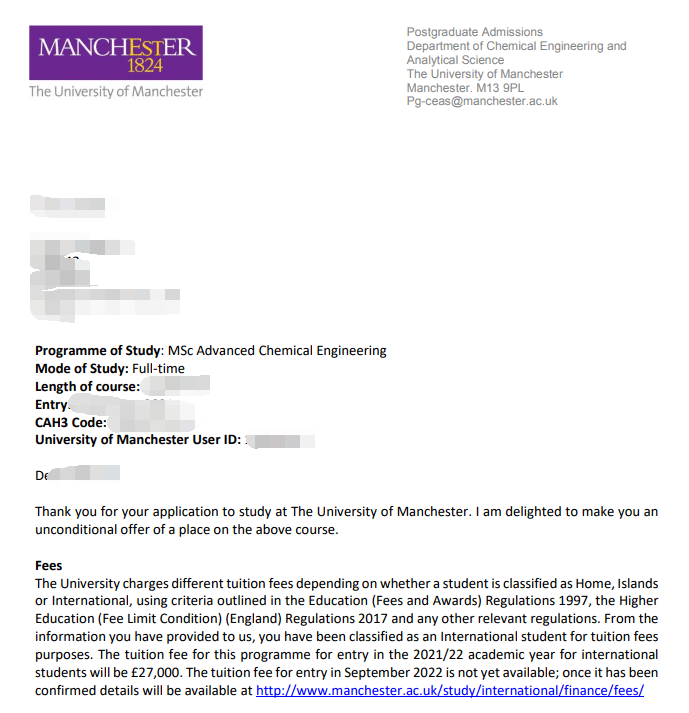 【案例分享】曼彻斯特大学高级化学工程专业offer一枚