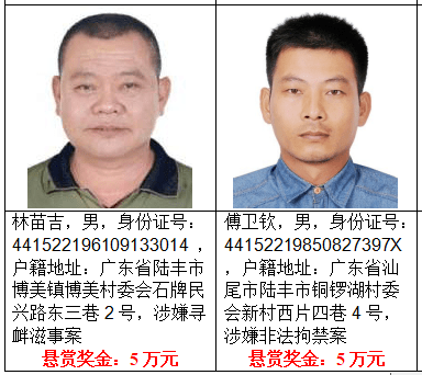 每人奖励5万:陆丰悬赏缉捕李见养等10名涉黑逃犯!