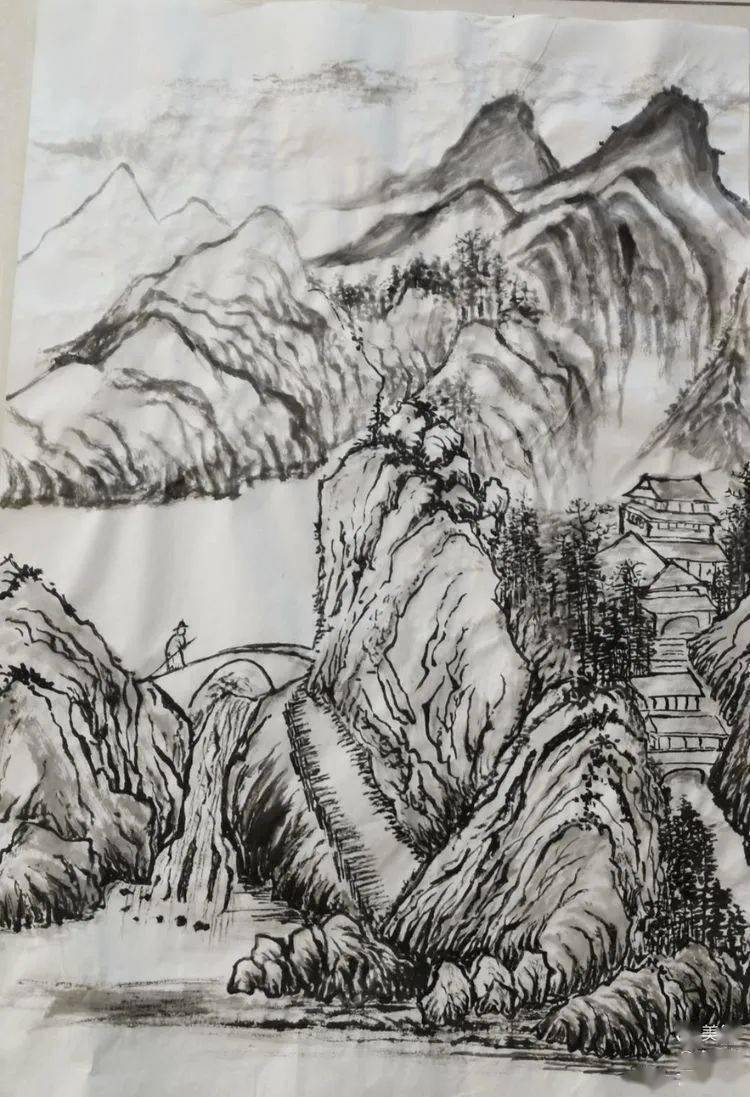 刘老师评语:整体感不错,右侧山石注意不要画成楼梯凳,题款印章先不要