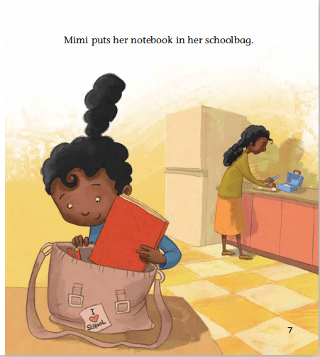 mimi is not strong, brave or super.mimi puts her notebook away.