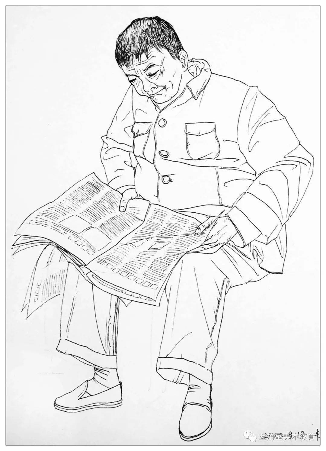 人物写生 看报的老人 14岁/2020工笔线描 永乐宫壁画14岁/2020绘本