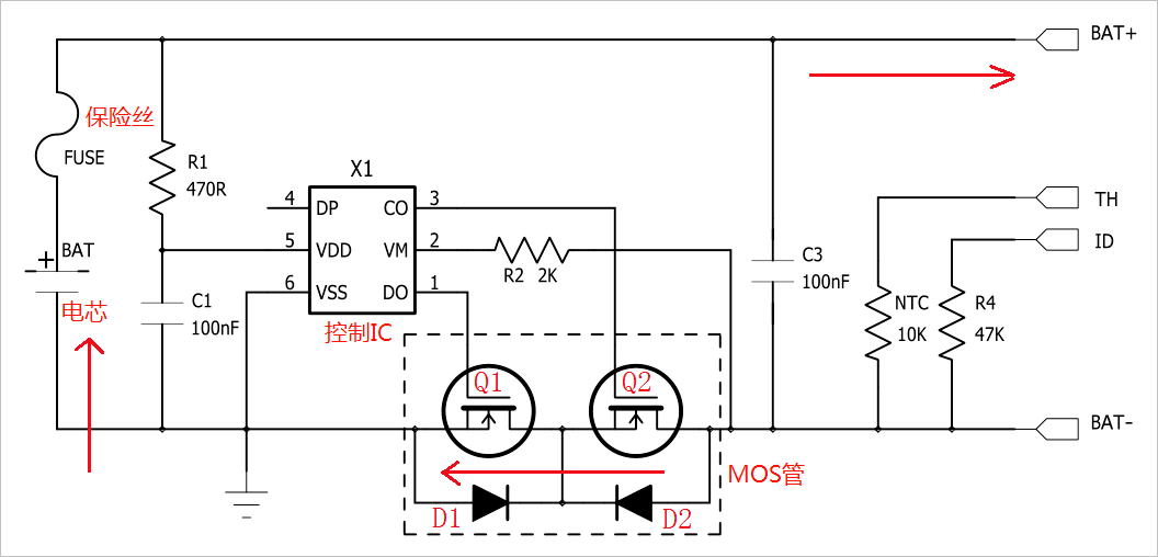 電池放電時電流方向如箭頭所示放電池,控制芯片ic x1將會通過第5管