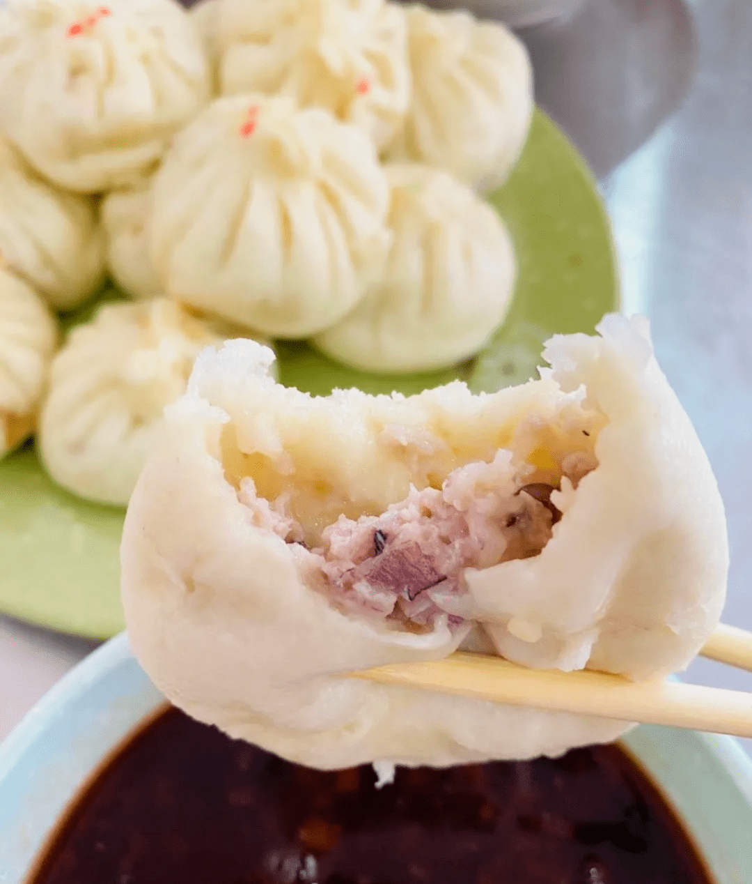 咬下一口,被肉馅浸湿的半透不透的包子皮,滚烫的汤汁鲜香流油,吃着