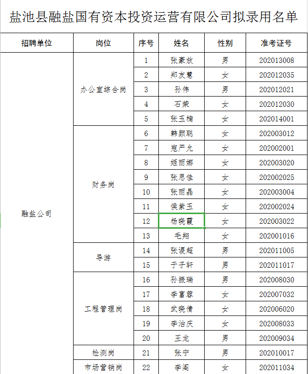 盐池县融盐国有资本投资运营有限公司拟录用工作人员名单特此公示