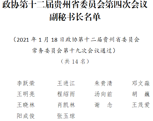 贵州省政协十二届四次会议秘书长,副秘书长名单公布