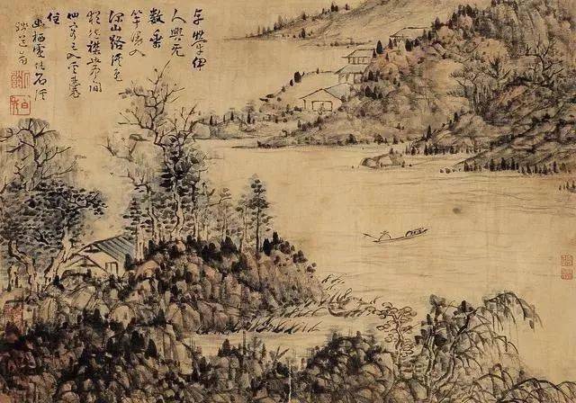 画家 書家 朱芾(朱石農) 山水まくり 傷みあり 中国(清初四僧 画家 書家 朱芾(朱石農) 山水まくり 傷みあり 中国(清初四僧
