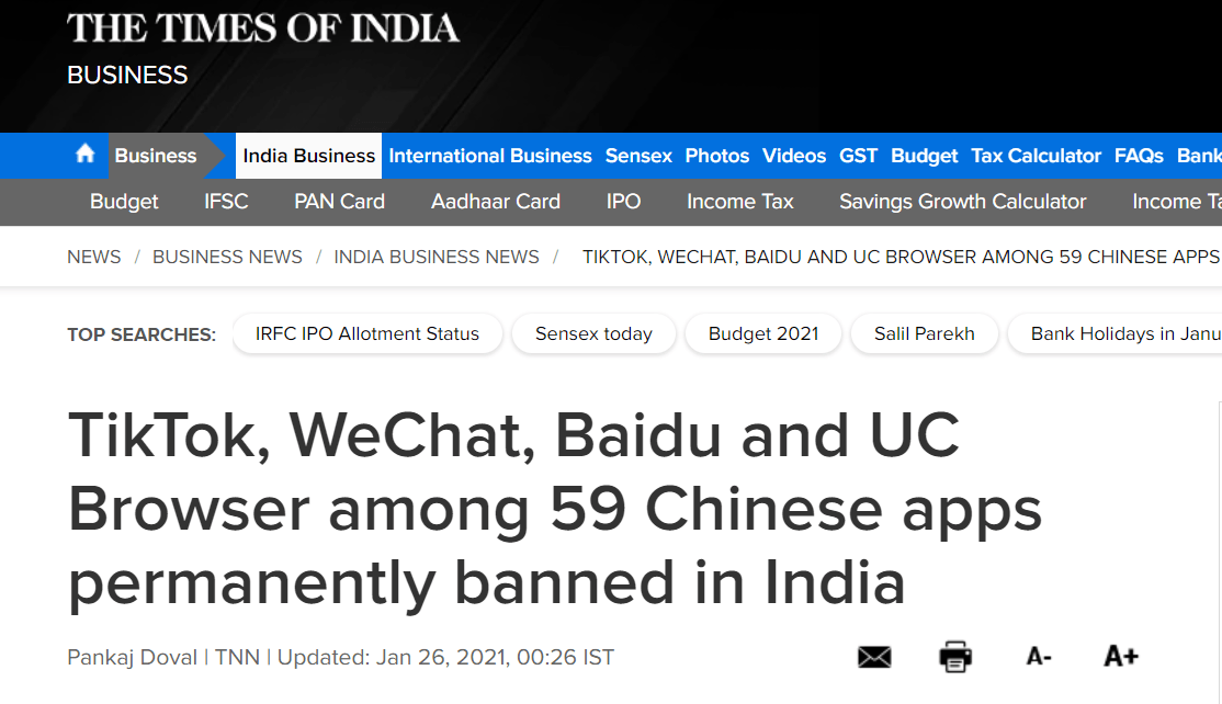 印媒：印度宣布将永久禁止59款中国APP，包括TikTok、百度、UC浏览器等插图1