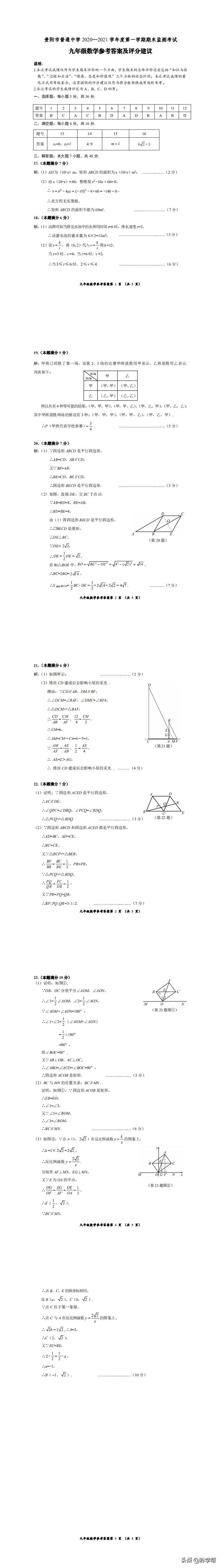 贵阳市普通中学 21学年度第一学期期末监测考试九年级数学参考答案及评分建议 来源