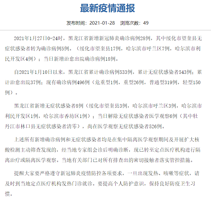 关注黑龙江新增确诊病例28例新增无症状感染者8例专家解读复阳是否