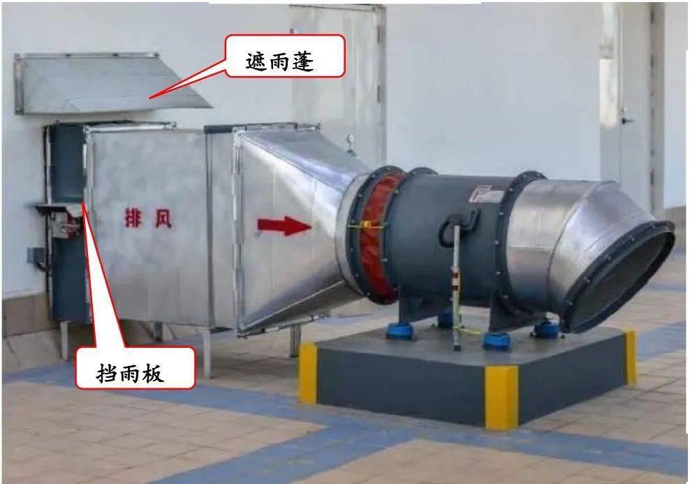屋面风管穿墙处理得当,防火阀执行机构做防雨挡板,风机风阀防雷接地