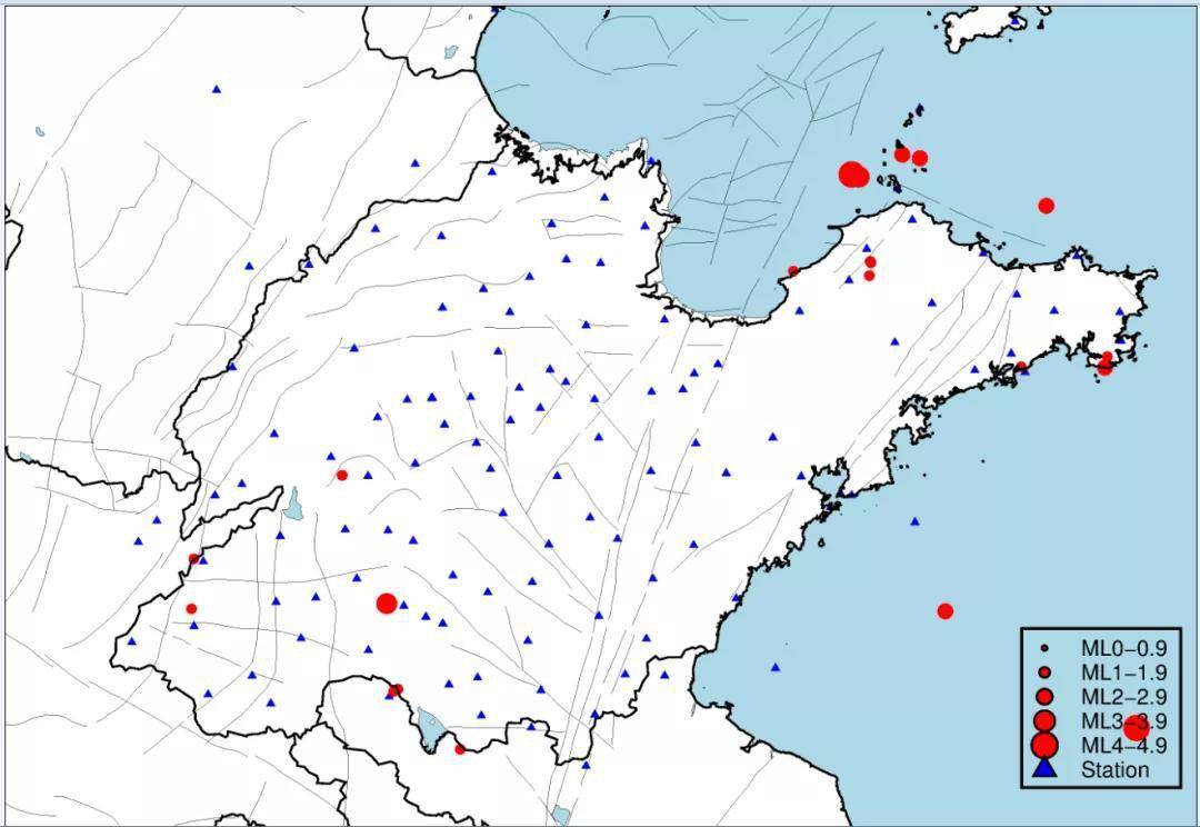 2021年1月山東地區地震震中分佈(紅色圓圈:震中,藍色三角:臺站,黑細線