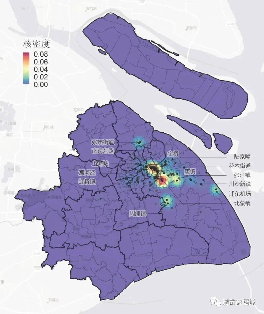 早期感染地點的核密度分佈圖中可見早期感染髮生地主要集中在浦東新區