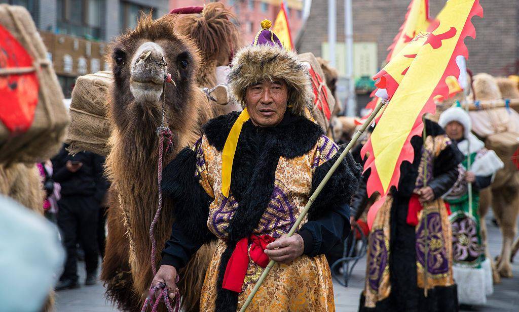 呼和浩特老街再现万里驼道场景吸引市民观赏