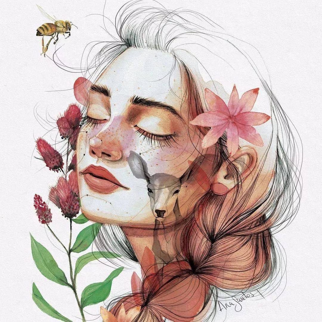创造出一种新颖的插画风肖像画通过动物与植物在人脸上的结合就有那么