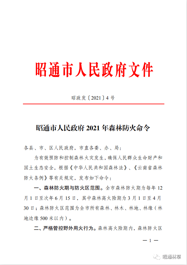 昭通市人民政府2021年森林防火命令