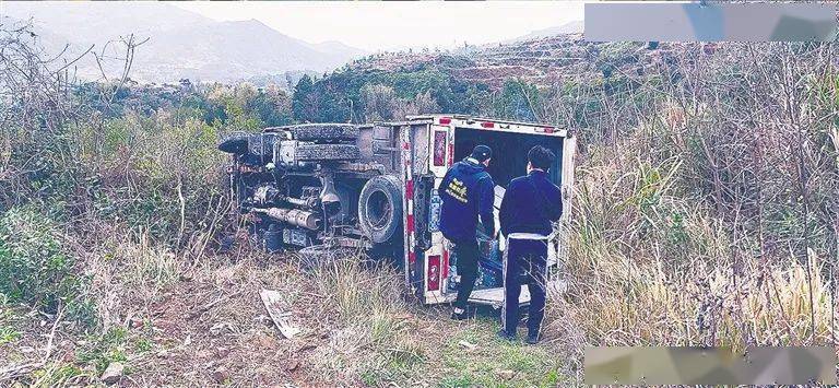 苍南一车祸,小货急弯翻下坡