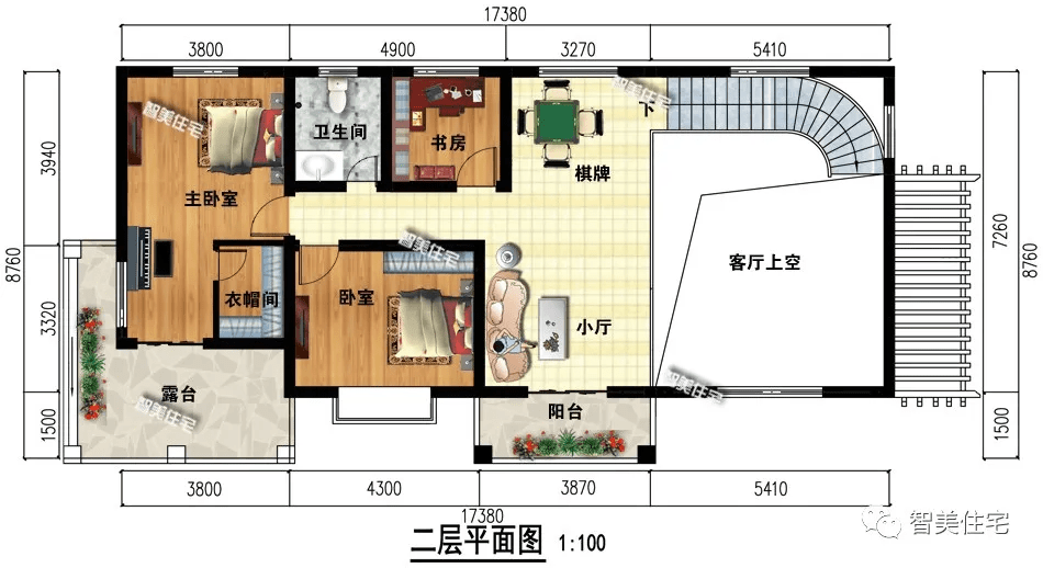 戶型二:17米,新中式風格設計,層次感好,外牆面用面磚搭配真石漆裝飾