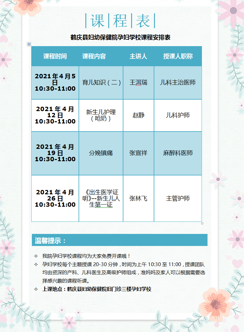 鹤庆县妇幼保健院4月份孕妇学校课程表新鲜出炉啦!