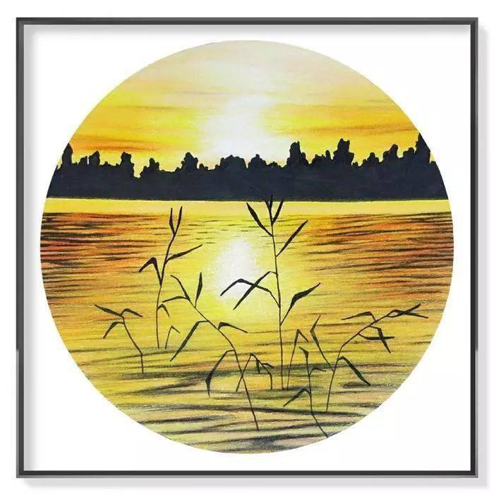 彩铅风景绘-《落日余晖》,彩铅风景画简单落日_水面