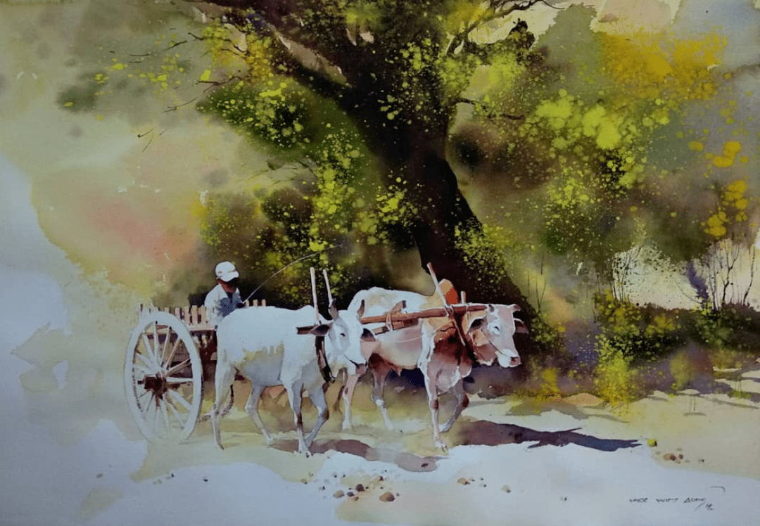 缅甸水彩画家myoewinaung作品欣赏马车系列