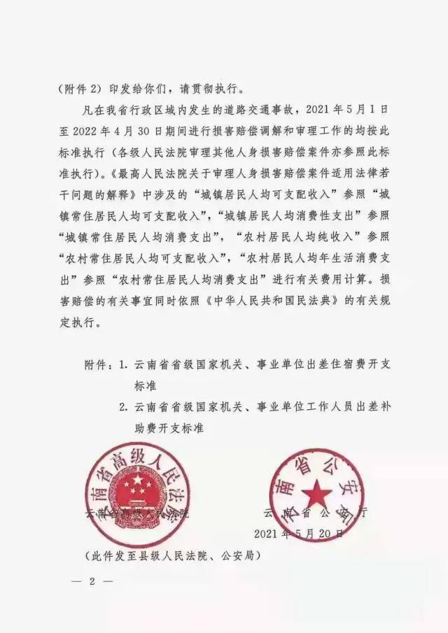 云南省2021年交通事故人身损害赔偿标准