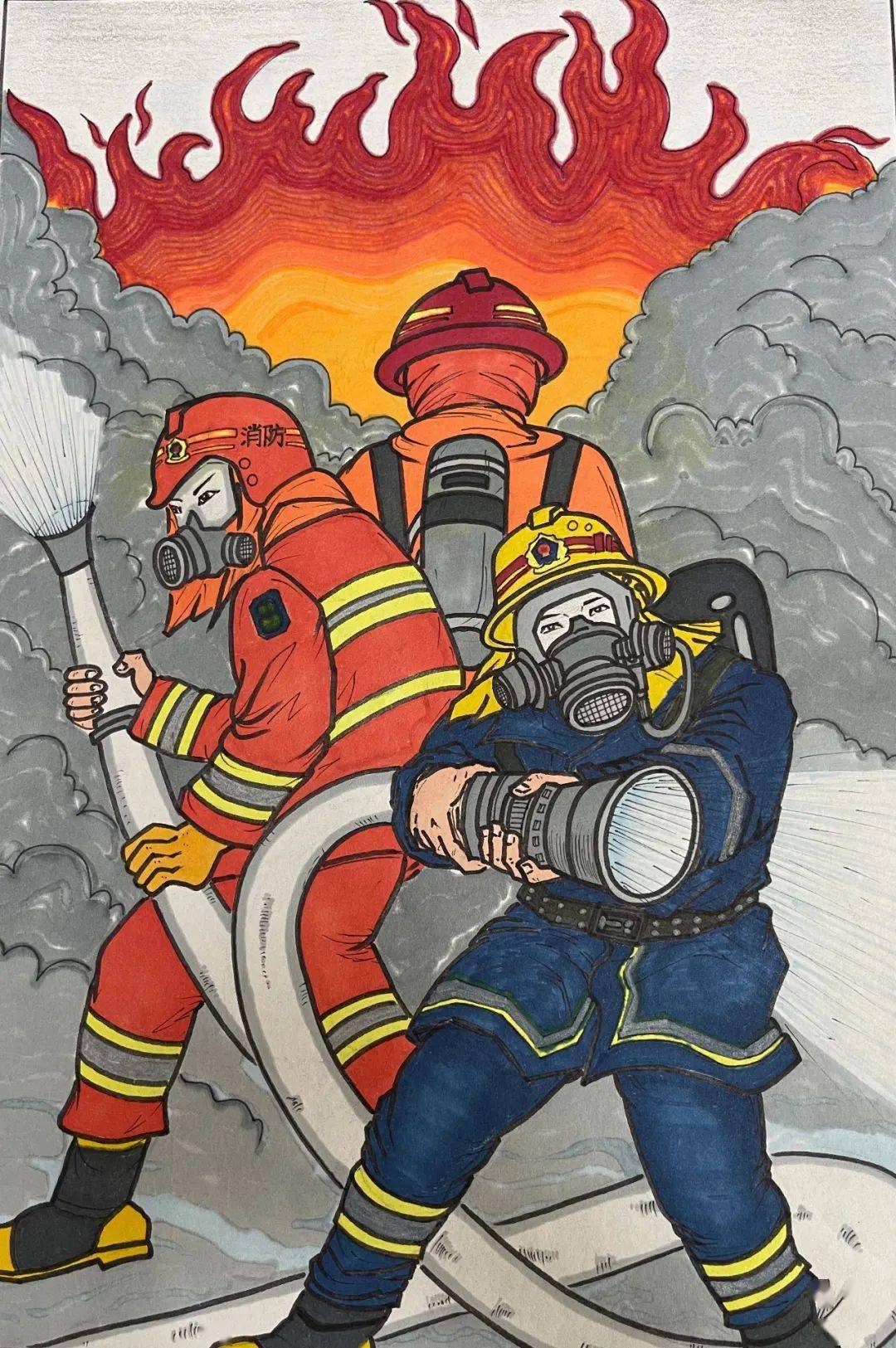 我心中的消防绘画初中图片