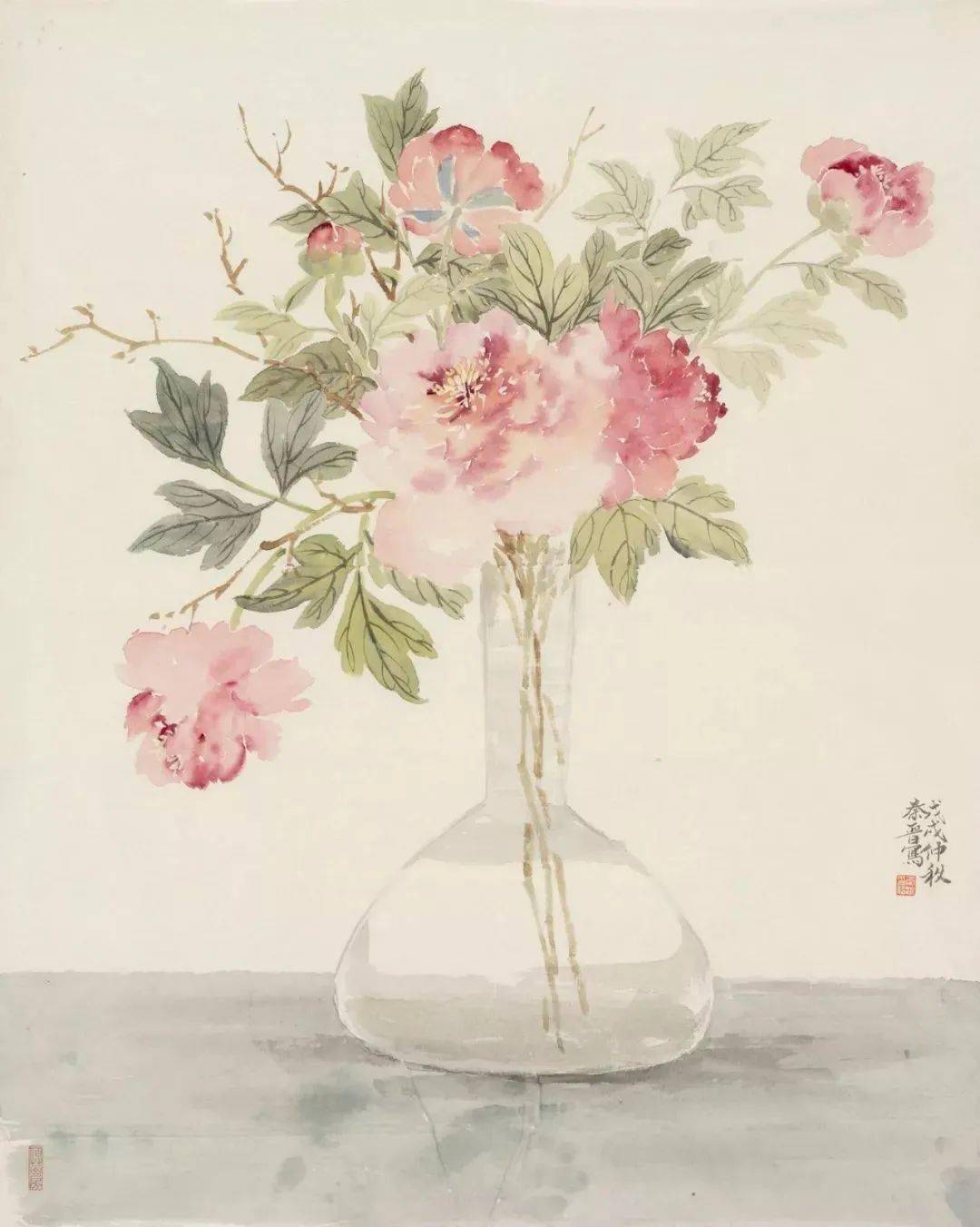 中国古美術・花卉図三尺画芯・朱軍印款・水墨彩色画・純手描き・文房・宣紙・带水印 中国古美術・花卉図三尺画芯・朱軍印款・水墨彩色画・純