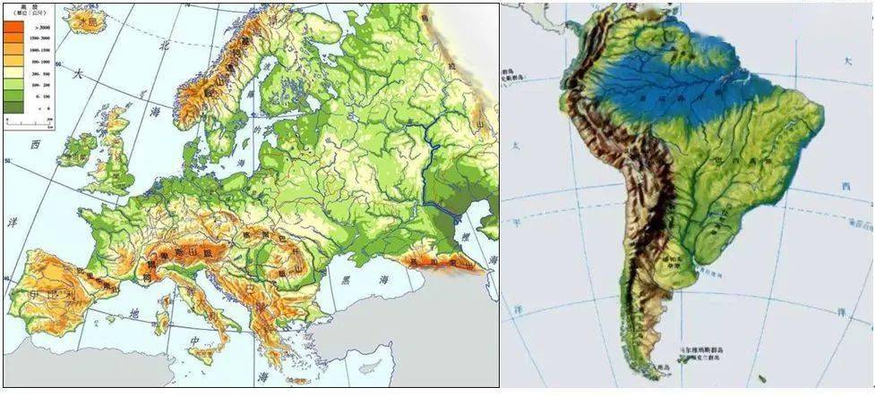 歐洲與拉丁美洲地形圖比較歐洲由於其海岸線破碎,大海深入內陸同時無