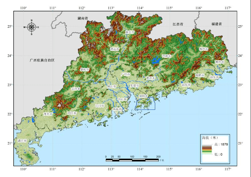 广东省地形图"十三五"期间,广东的低植被覆盖区减少了7.