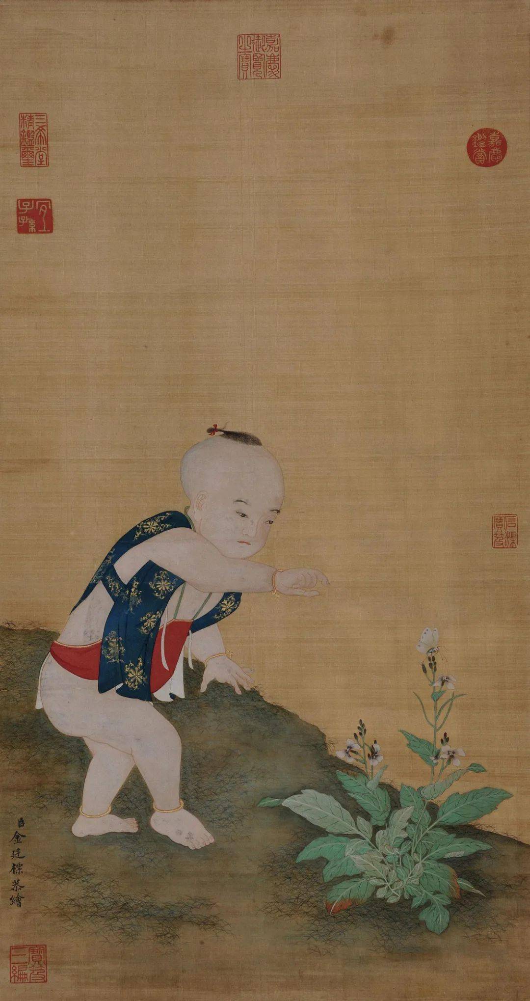 [清代]金廷标《婴戏图》,绢本设色,133×65.2cm.私人藏品.