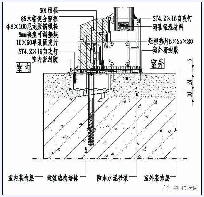 圖19 木包鋁合金窗轉接固定安裝節點圖窗框在附框上安裝,採用室內安裝