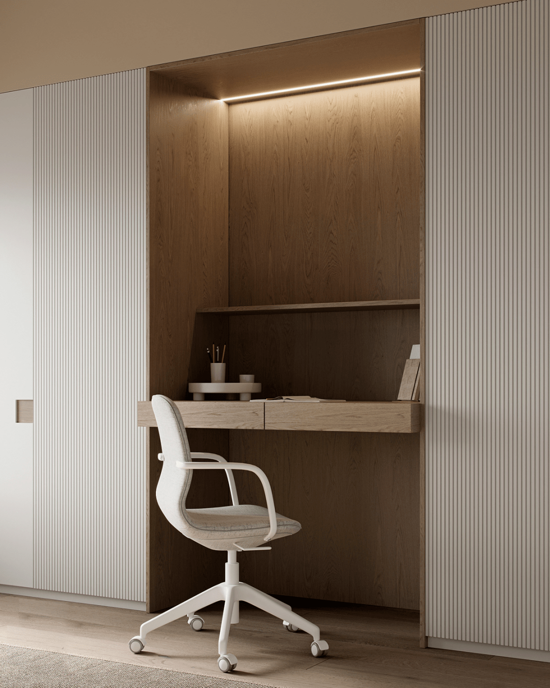 学习区结合两侧衣柜分布于床铺对面,壁龛内学习桌台与内衬面均使用木