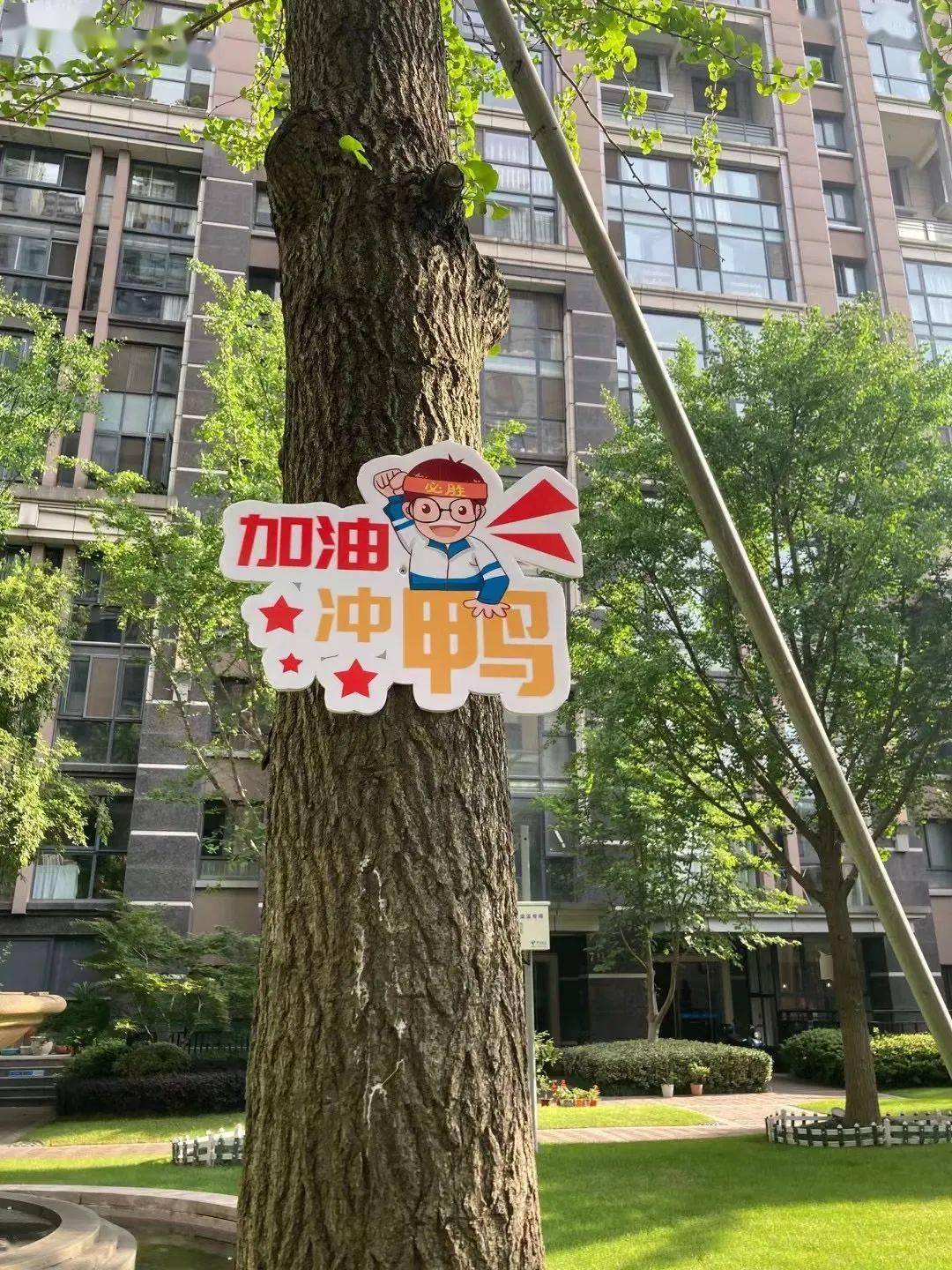 给广大考生加油鼓劲在小区的树上贴上了各式加油标语天元世家小区物业