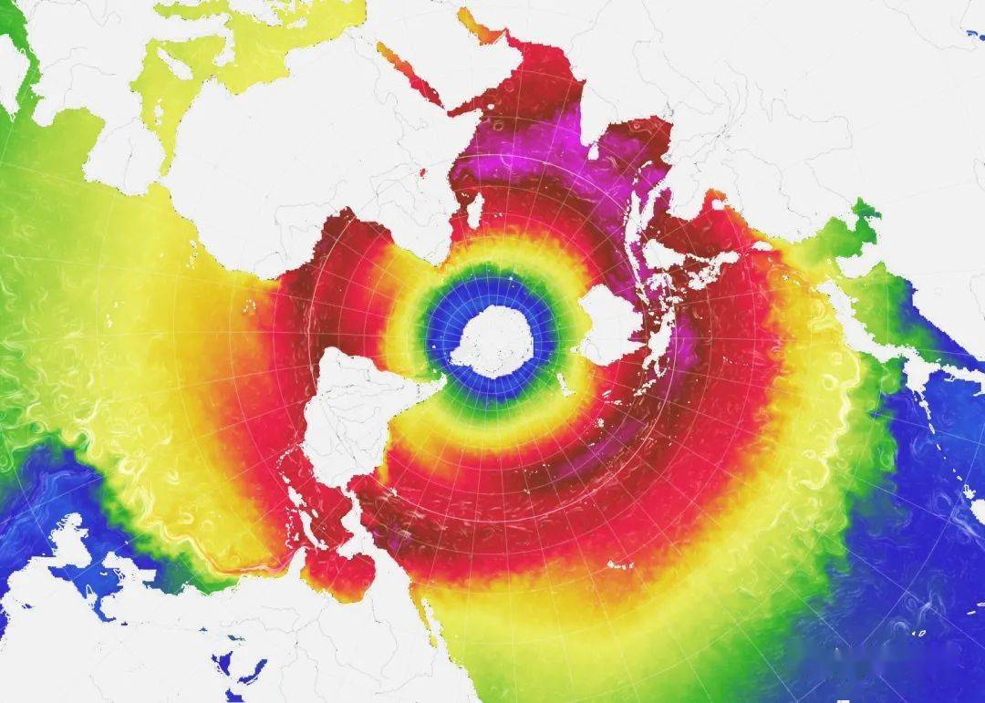以南极洲为中心的"世界大洋" (颜色表示海洋表面温度) (图