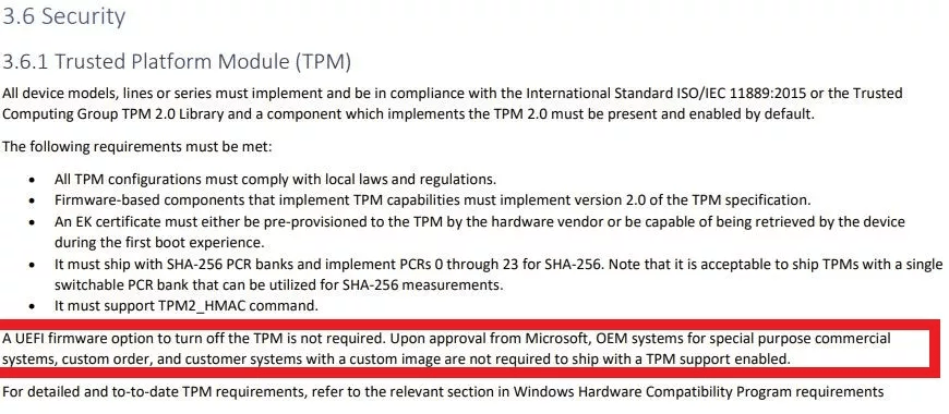 虽然微软强烈要求TPM2.0 但各大PC厂商仍可以灵活决定出厂TPM模块