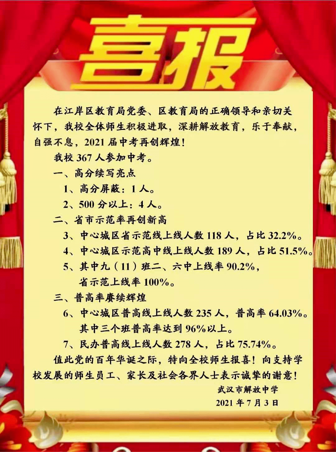 中学硚口区2021年中考喜报十一崇仁六十三中武外英中同济医学院附中