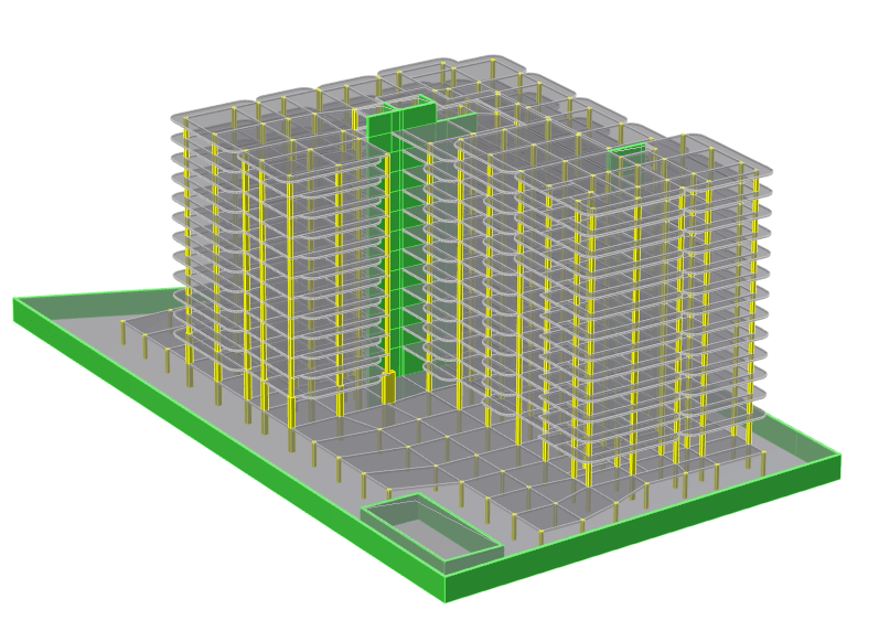 图3 结构初步计算模型图4 地下室层结构轴压比图5 首层-三层结构