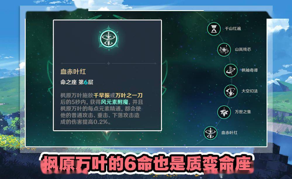 枫原万叶的6命叫做血赤叶红,可以让枫原万叶释放e技能或者大招后的5秒