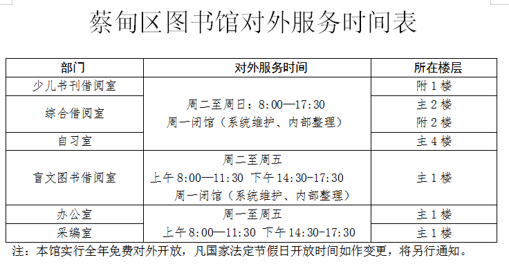 蔡甸区图书馆对外服务时间表!