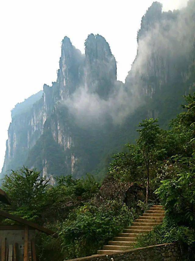 栈道如盘山腰的一条卧龙,七拐八弯,远望众山绵延,令人