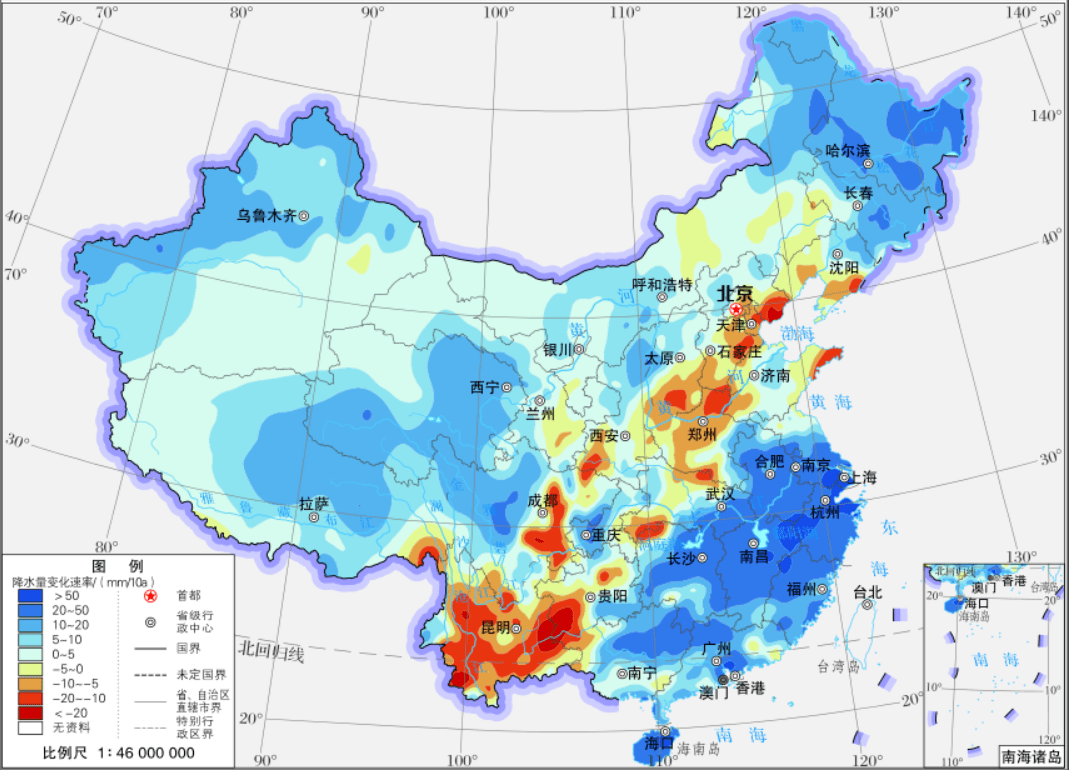 1961～2020年中国年降水量变化速率分布