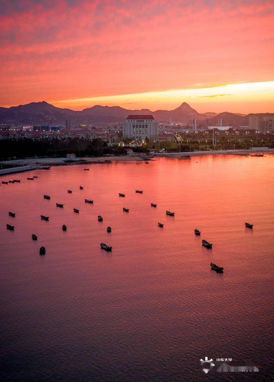 晚霞笼罩之下的青岛校区从青岛校区上空远眺整个鳌山湾晴朗通透的傍晚