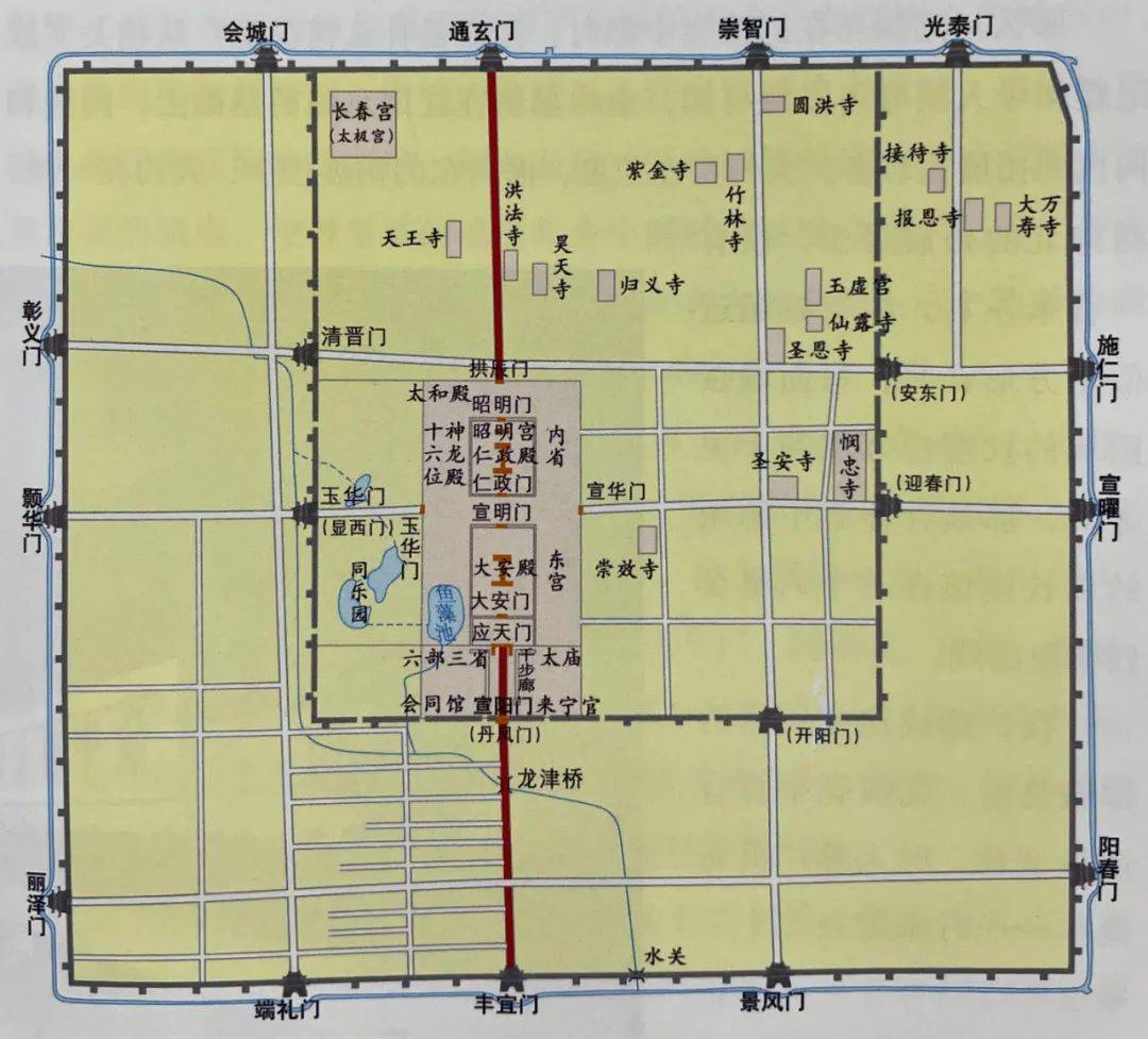 金中都城图在辽南京旧城范围内,按北宋东京的宫城格局,对宫城部分进行