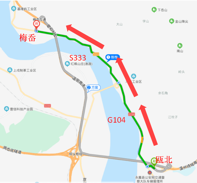 甌江大橋-333省道-梅岙收費站重新上高速;仰義至梅岙繞行線路圖從瑞安