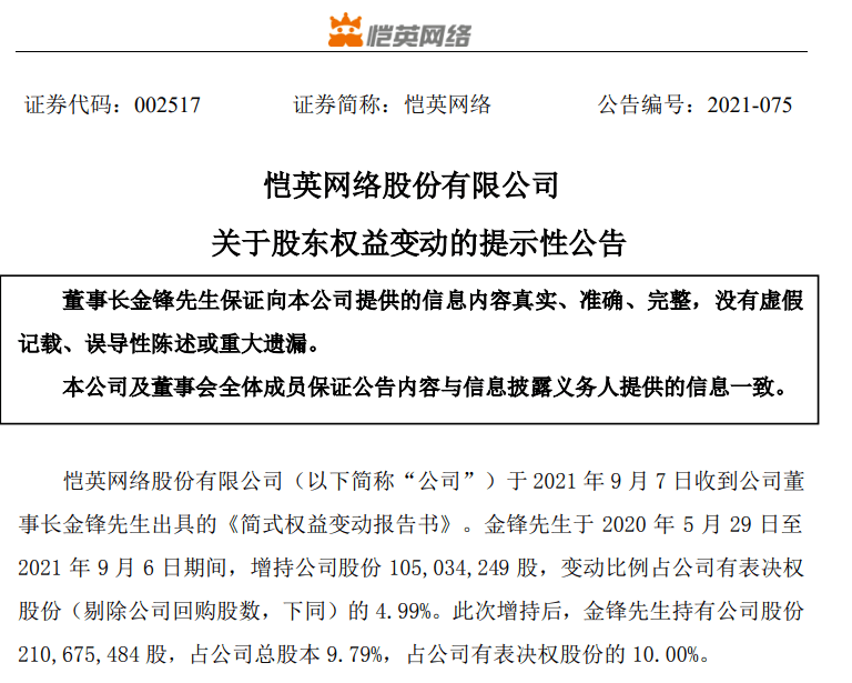 恺英网络董事长金锋增持公司股份1.05亿股